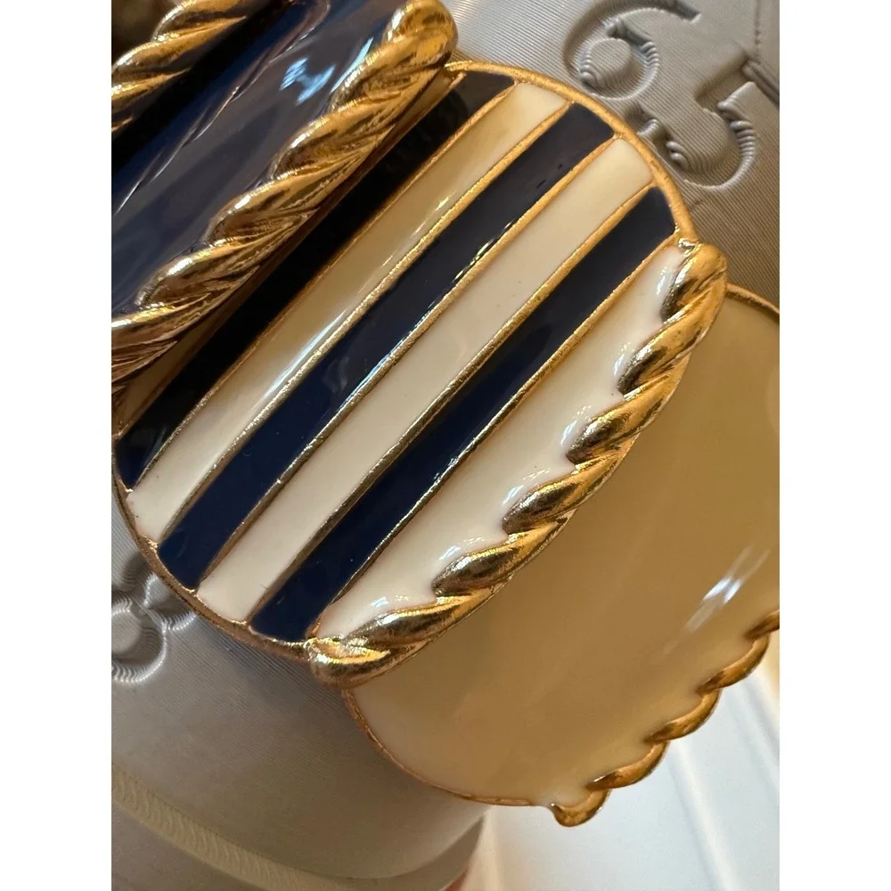 VTG Nautical Navy Blue Cream Enamel Gold Tone Striped Stretch Statement Bracelet